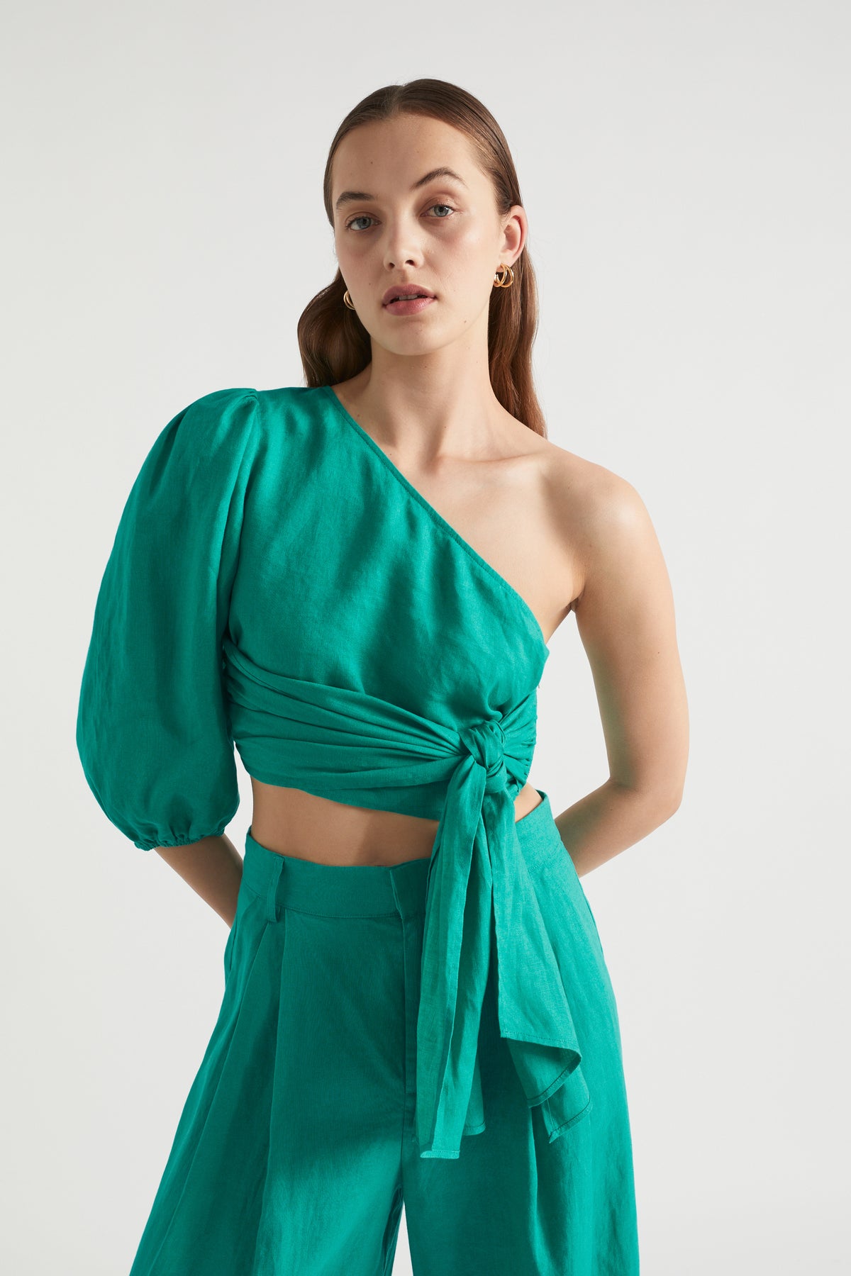 Linen Blouson One Shoulder Top