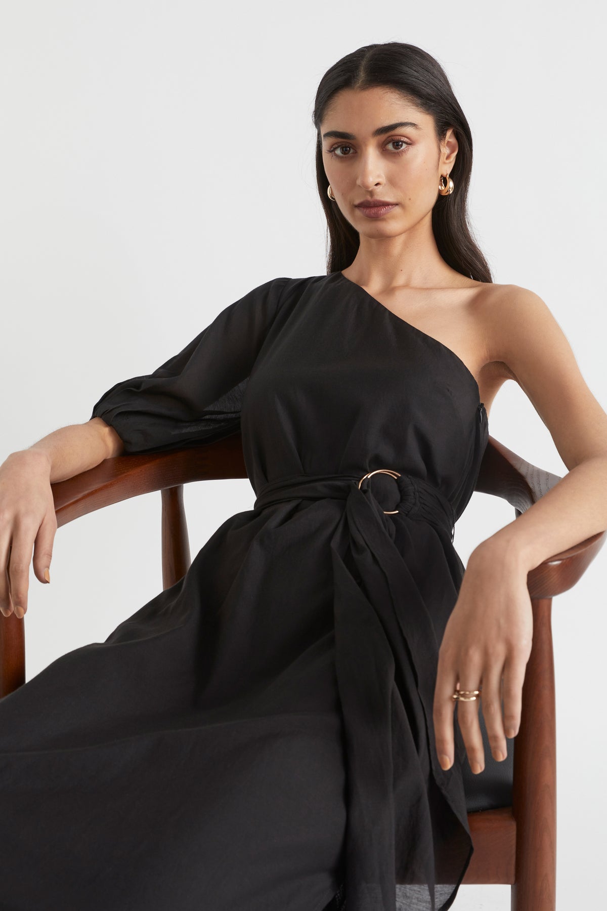 One Shoulder D Ring Belt Maxi Dress