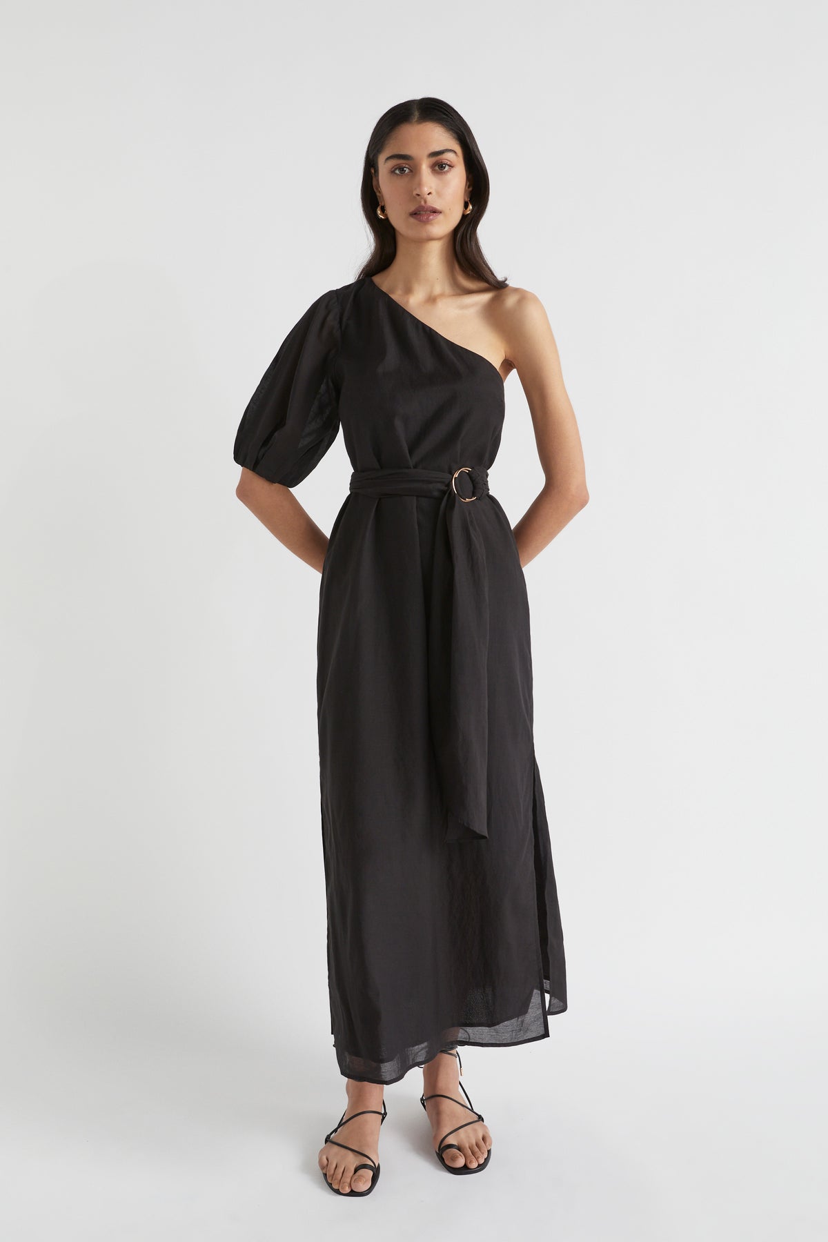 One Shoulder D Ring Belt Maxi Dress