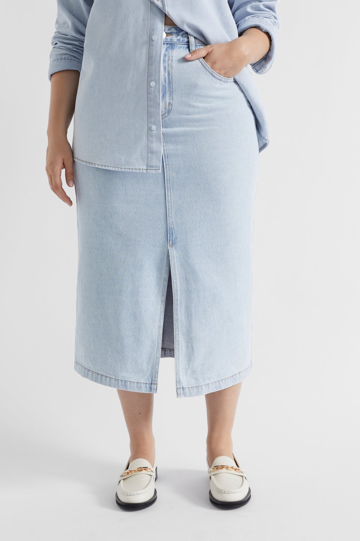 Denim Midi Split Front Skirt