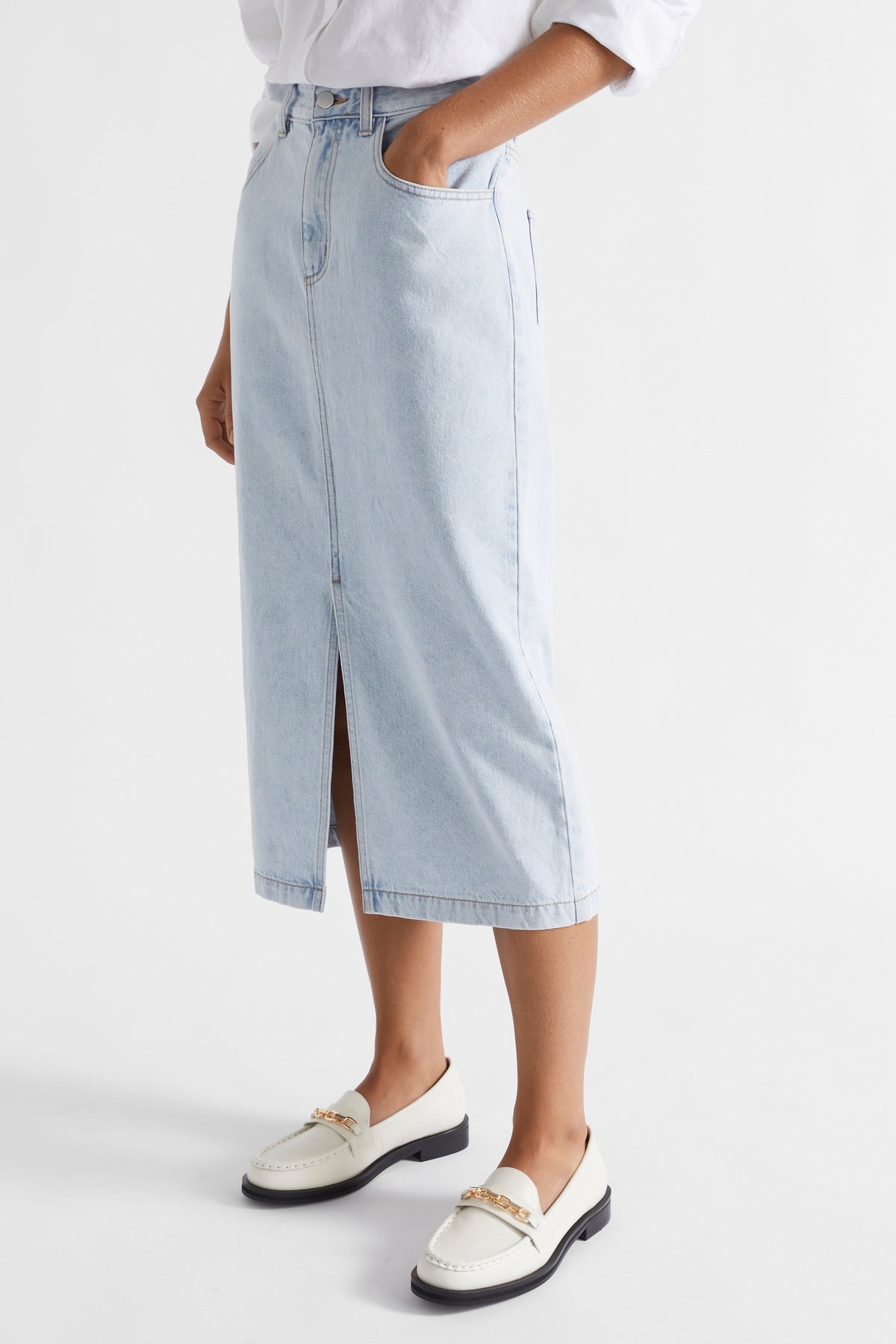 Denim Midi Split Front Skirt