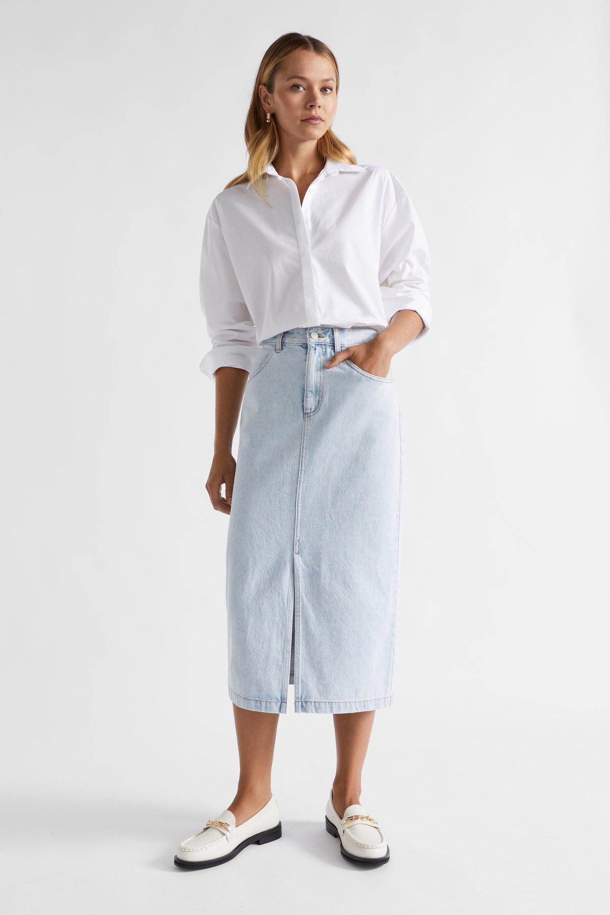 Denim Midi Split Front Skirt