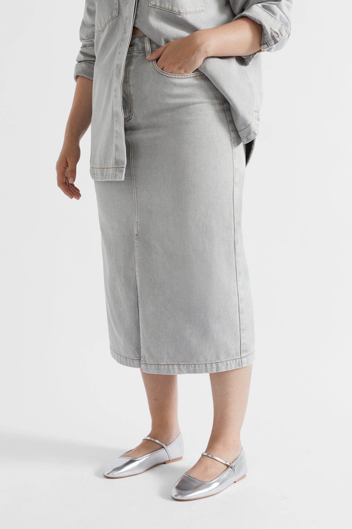 Denim Midi Split Front Skirt