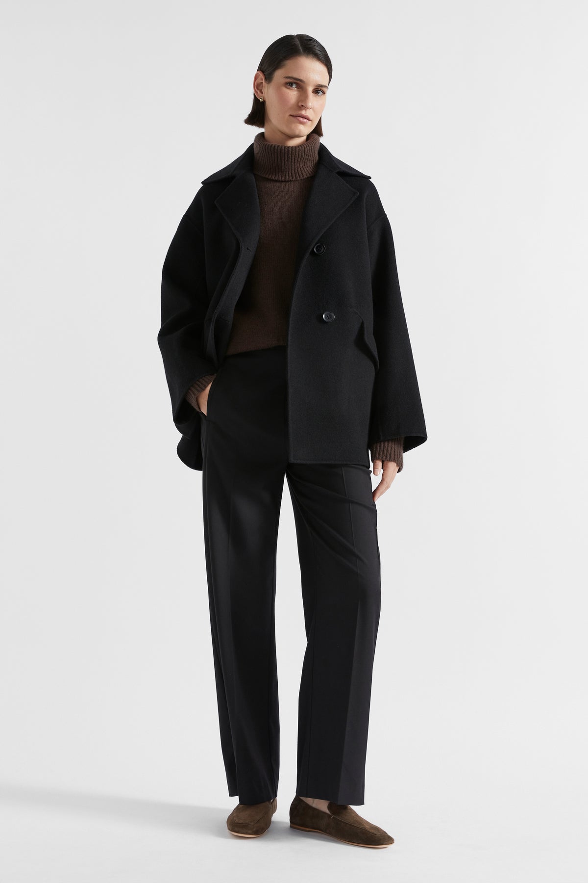 Wool Blend Boxy Mid Length Coat