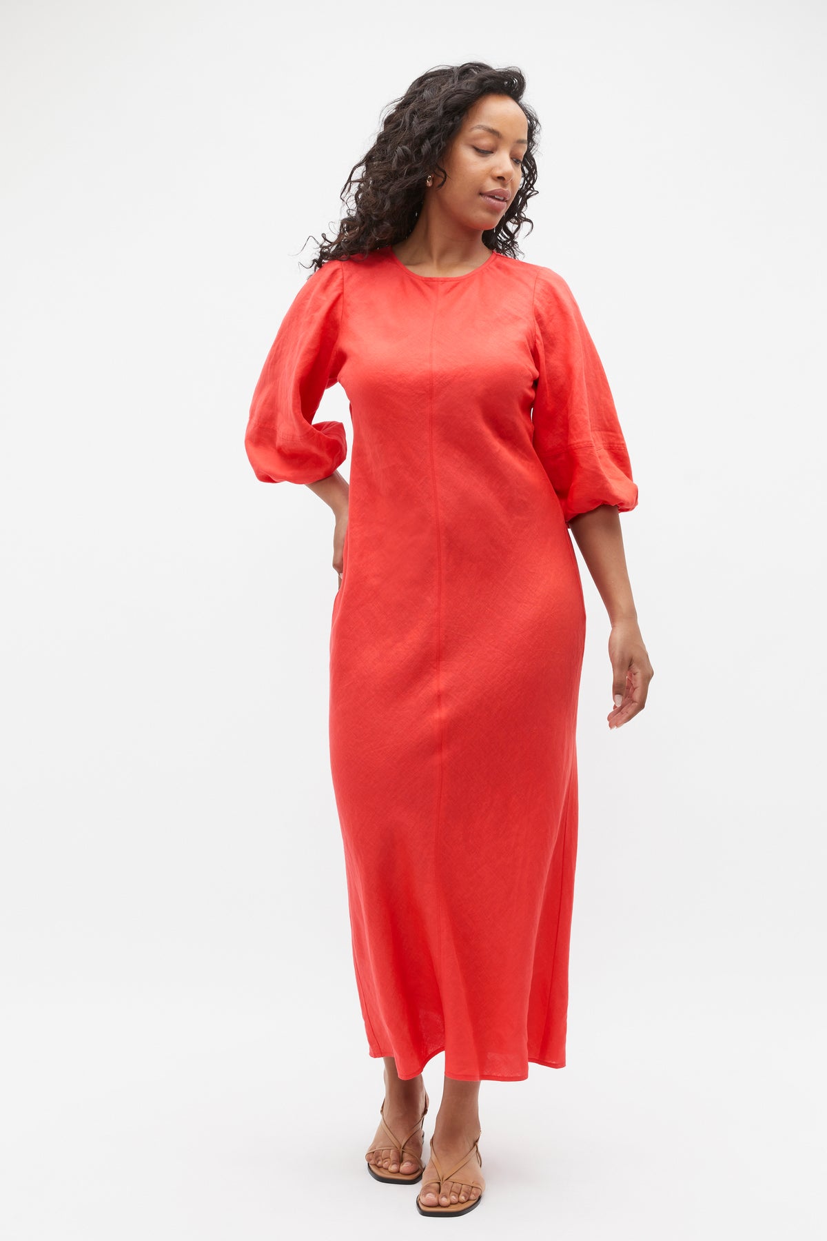 Linen Balloon Sleeve Slip Maxi Dress