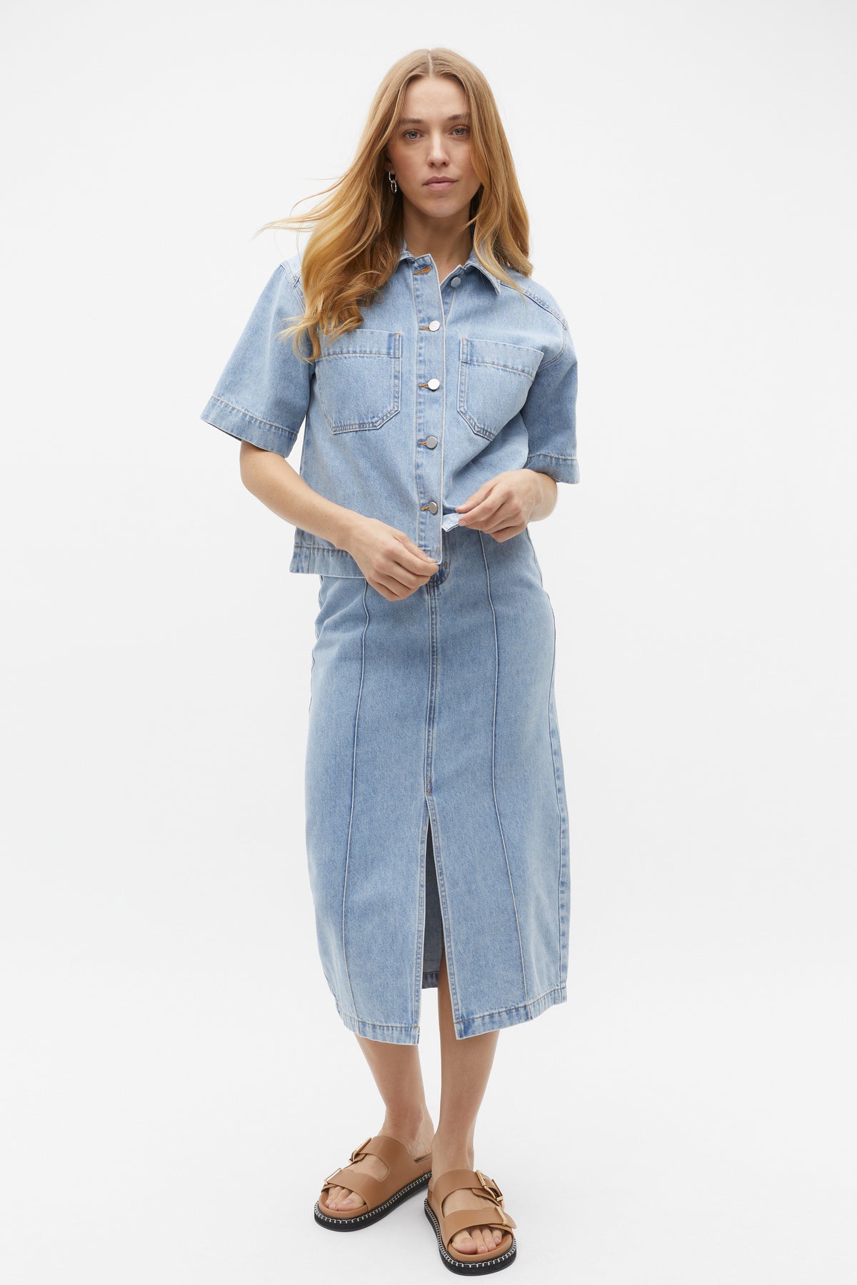 Denim Midi Pintuck Skirt