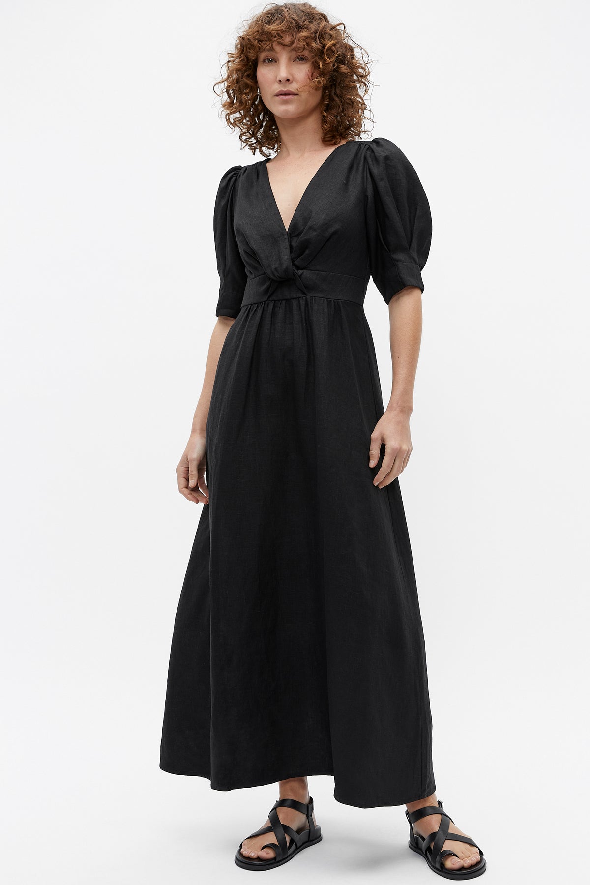 Linen Twist Front Midi Dress