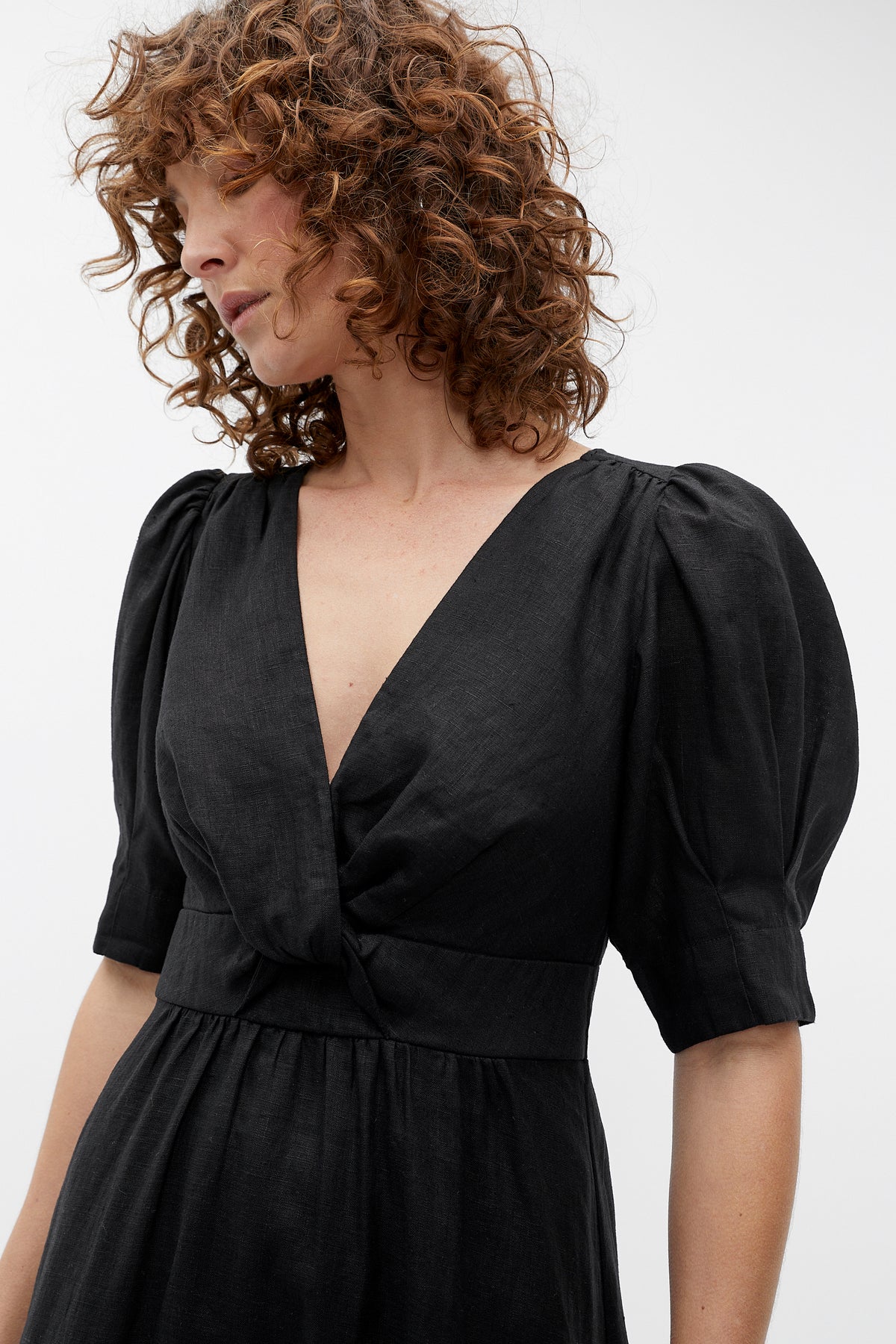 Linen Twist Front Midi Dress