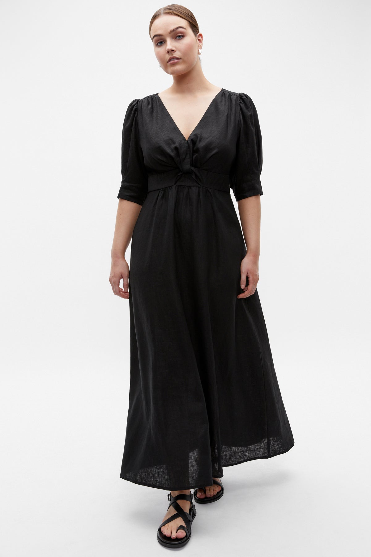 Linen Twist Front Midi Dress