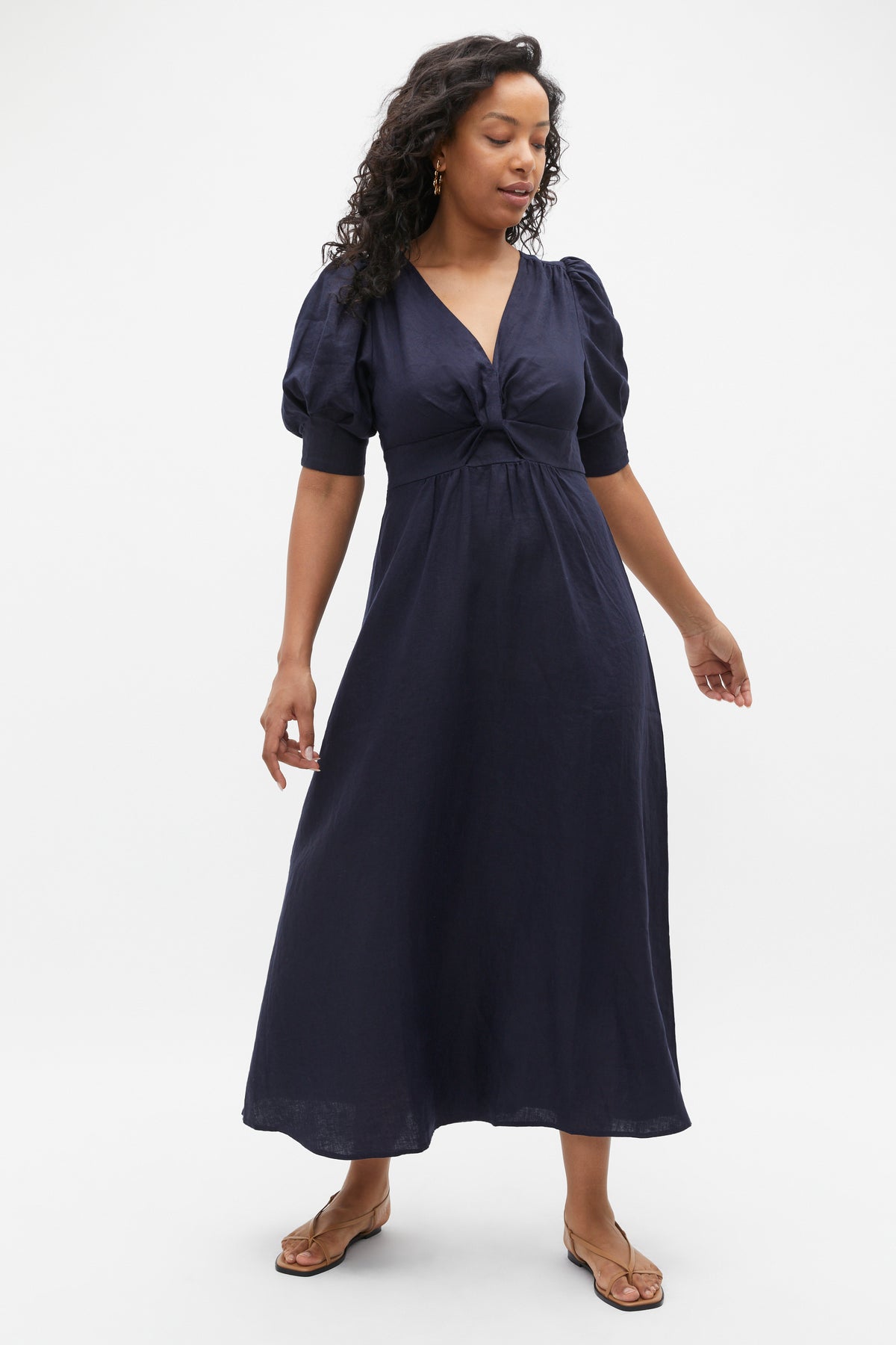 Linen Twist Front Midi Dress
