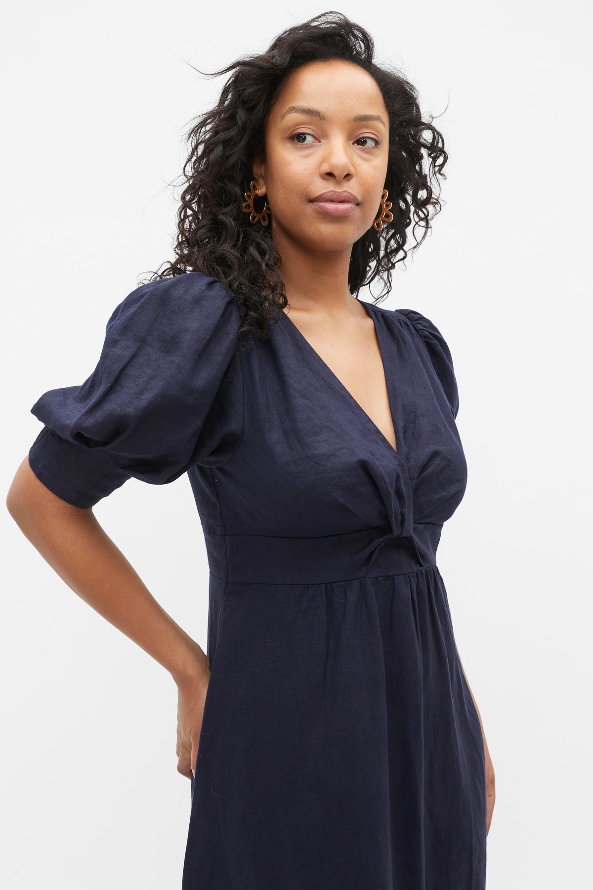 Linen Twist Front Midi Dress