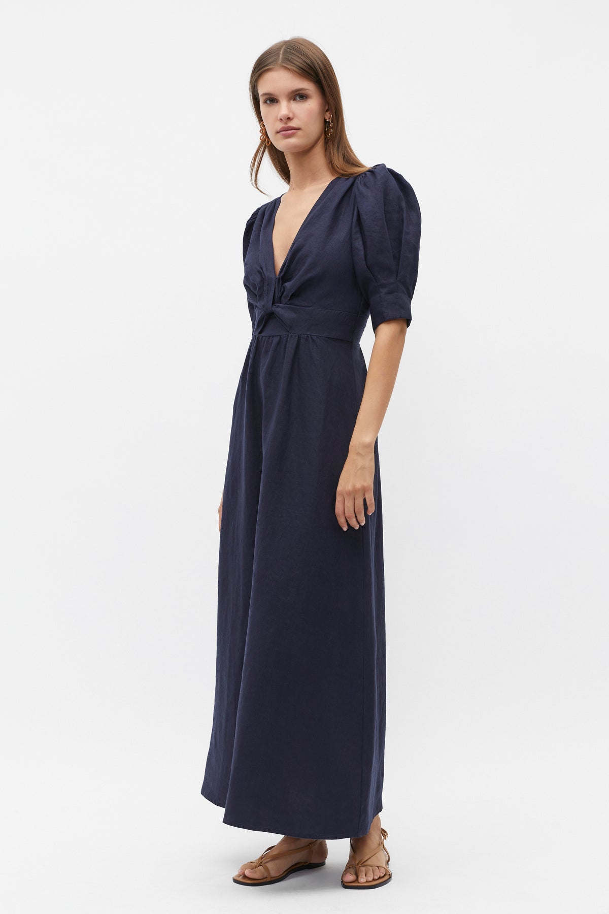 Linen Twist Front Midi Dress