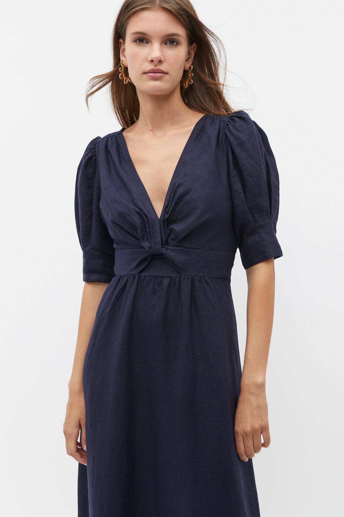 Linen Twist Front Midi Dress
