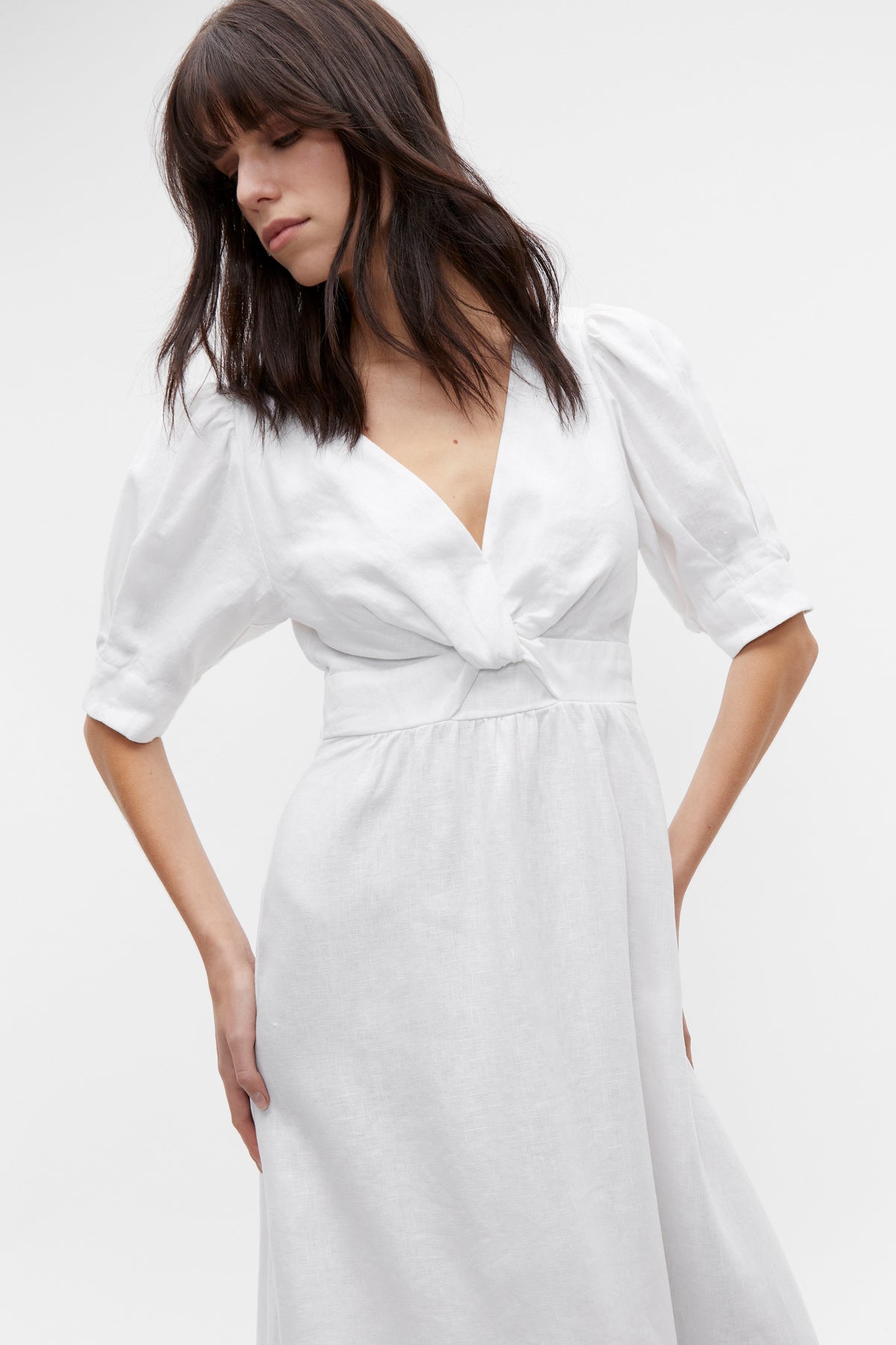 Linen Twist Front Midi Dress
