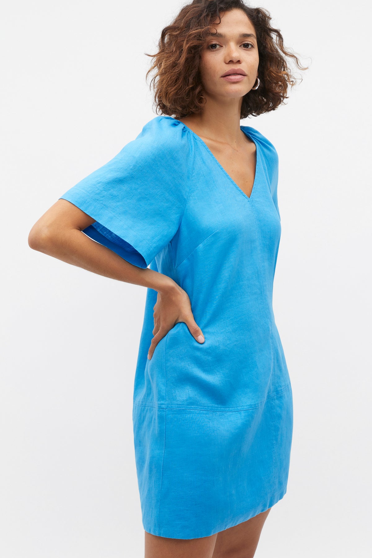 Linen V Neck Flutter Sleeve Mini Dress