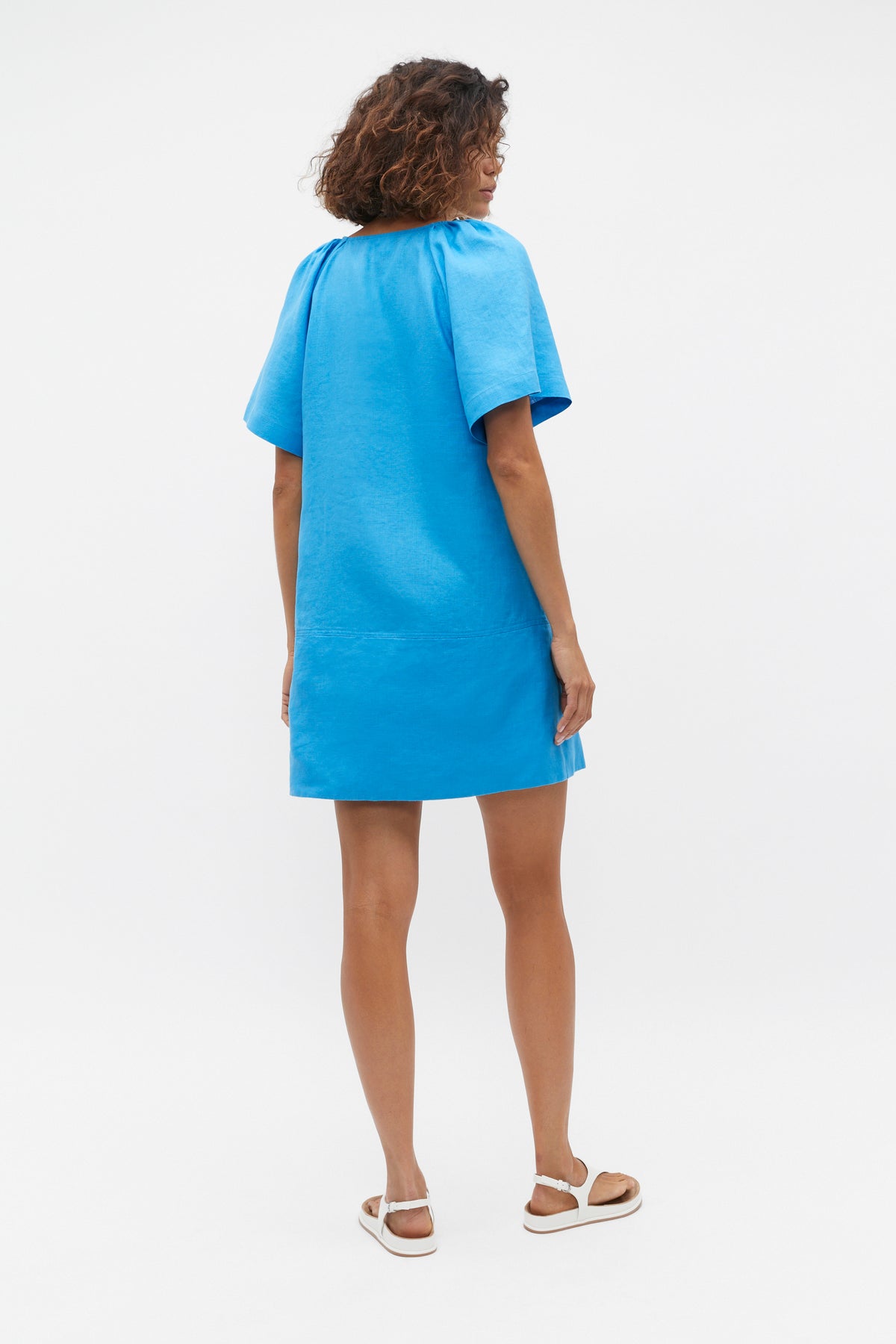 Linen V Neck Flutter Sleeve Mini Dress