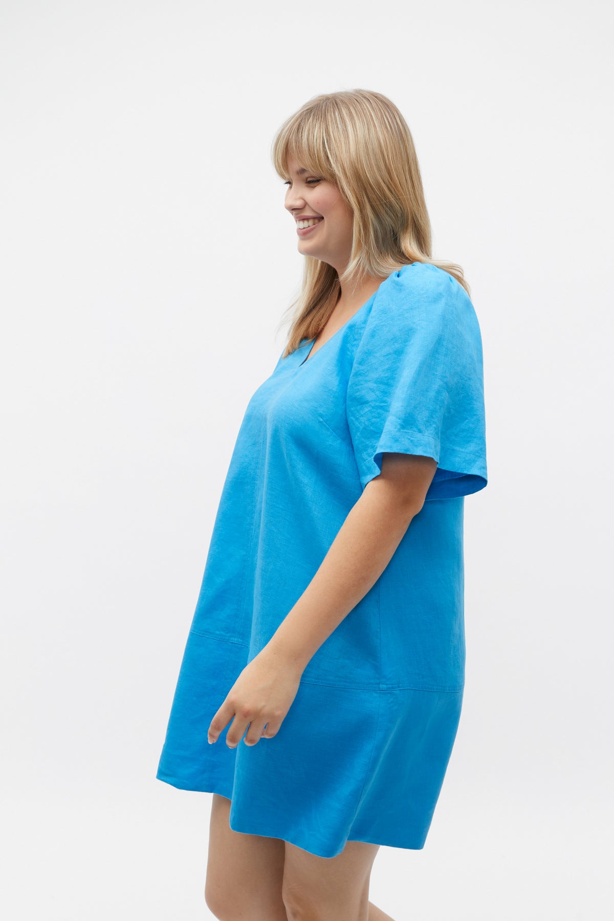 Linen V Neck Flutter Sleeve Mini Dress