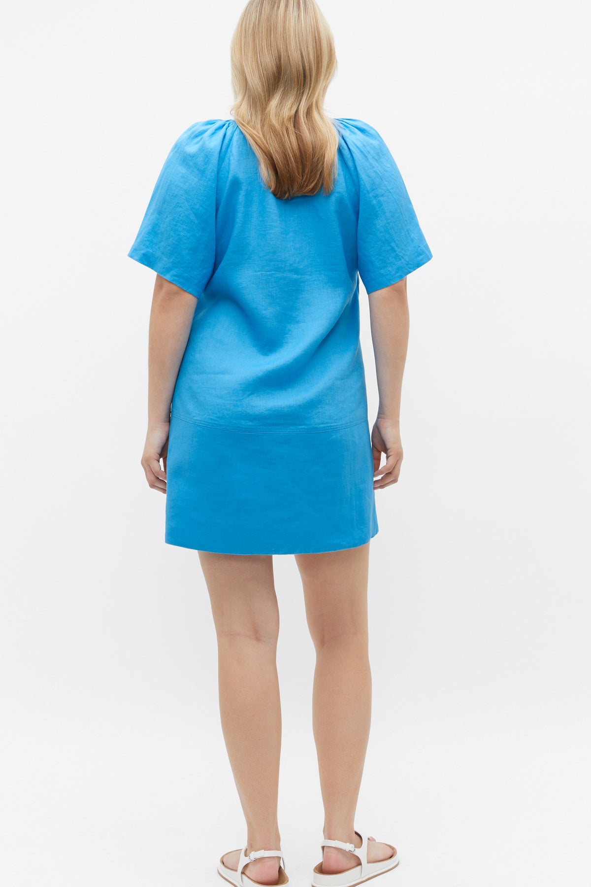 Linen V Neck Flutter Sleeve Mini Dress