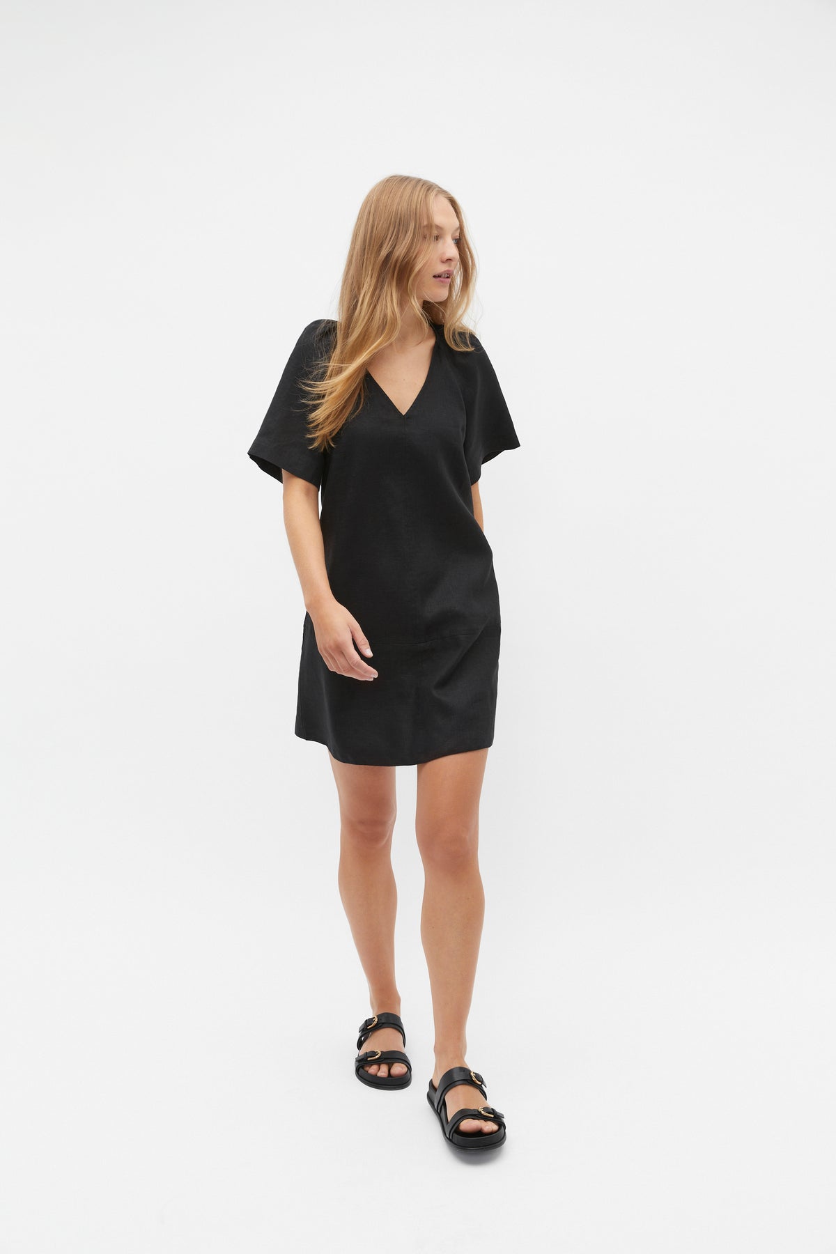 Linen V Neck Flutter Sleeve Mini Dress