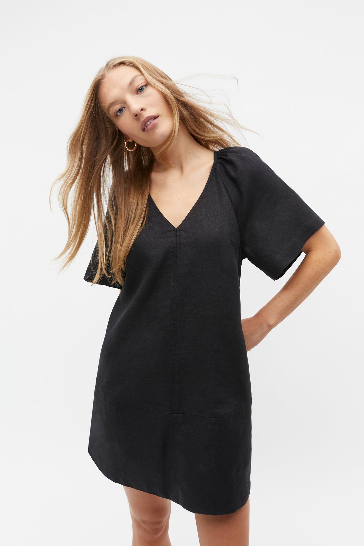 Linen V Neck Flutter Sleeve Mini Dress
