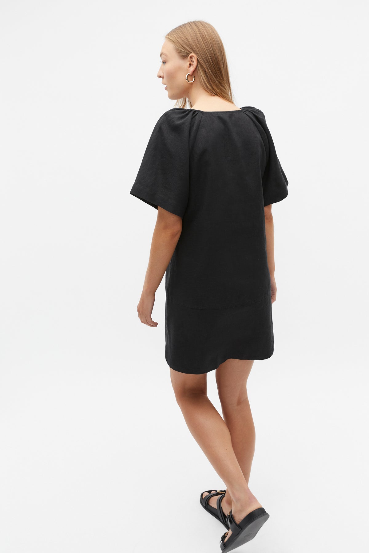 Linen V Neck Flutter Sleeve Mini Dress