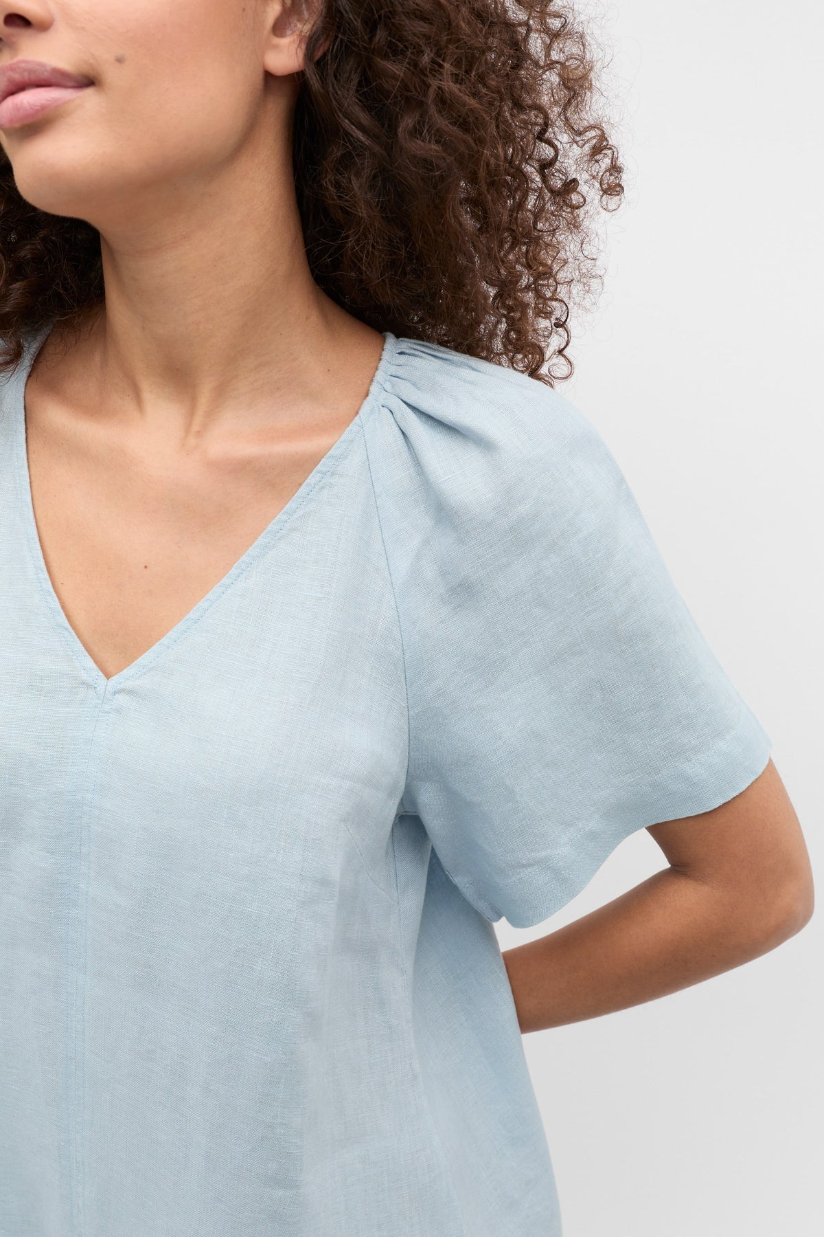 Linen V Neck Flutter Sleeve Mini Dress