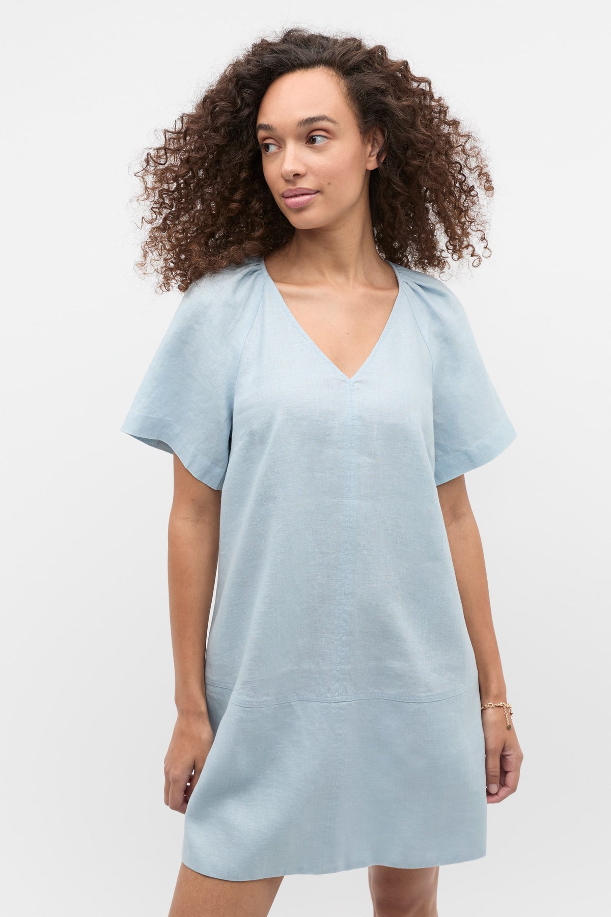 Linen V Neck Flutter Sleeve Mini Dress