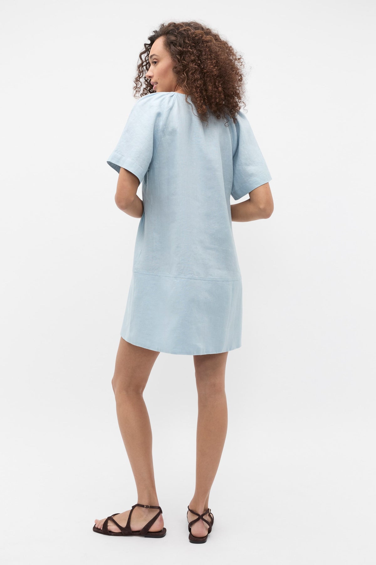 Linen V Neck Flutter Sleeve Mini Dress
