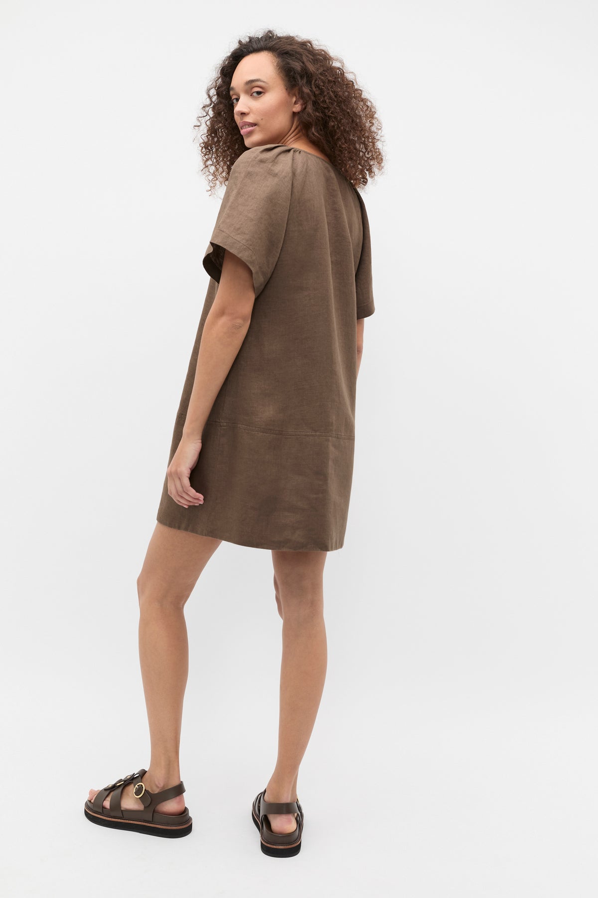 Linen V Neck Flutter Sleeve Mini Dress