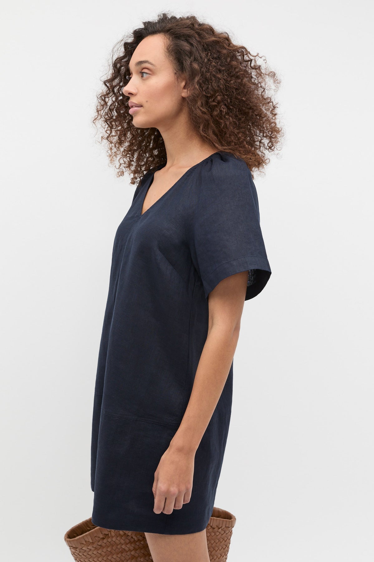 Linen V Neck Flutter Sleeve Mini Dress