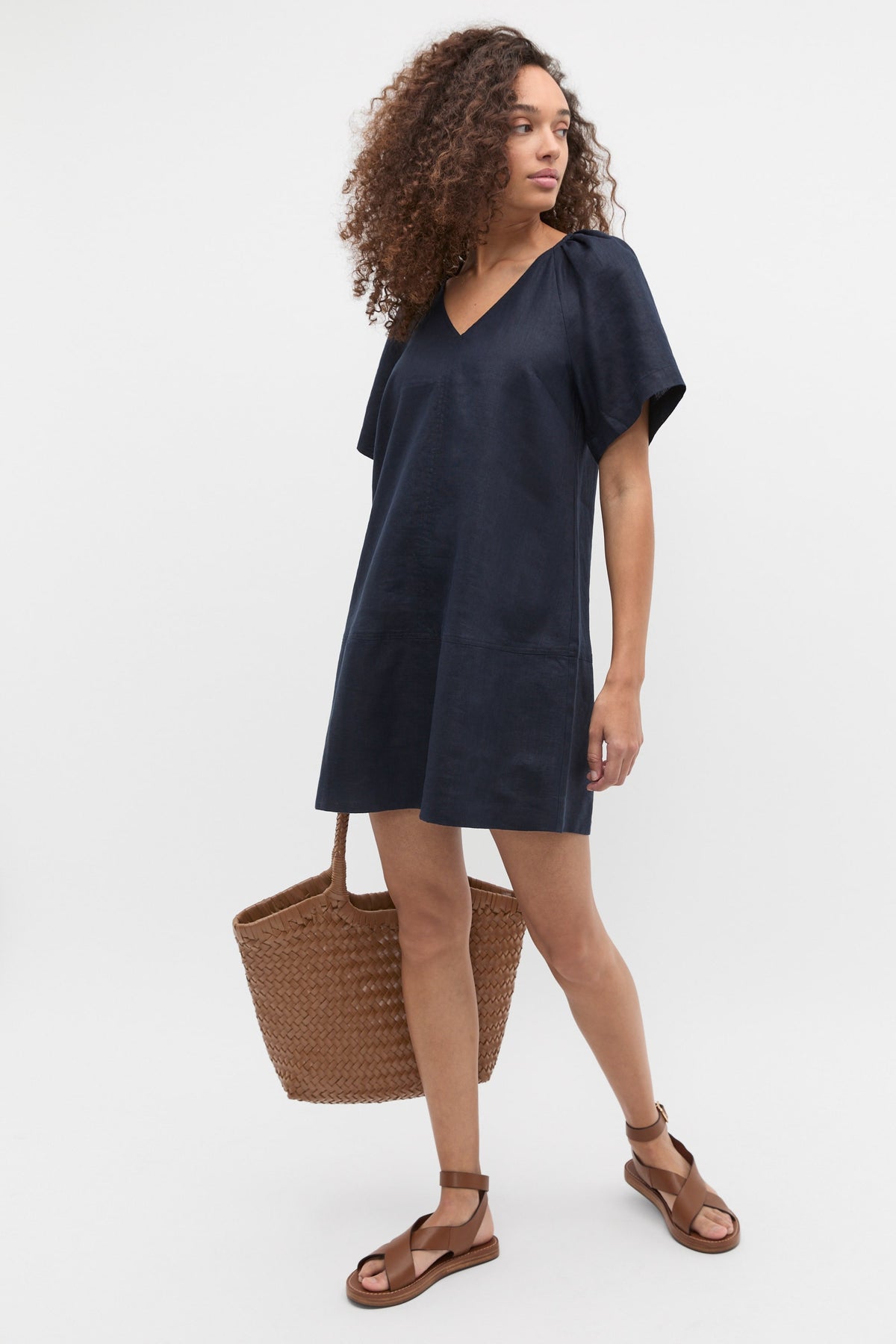 Linen V Neck Flutter Sleeve Mini Dress