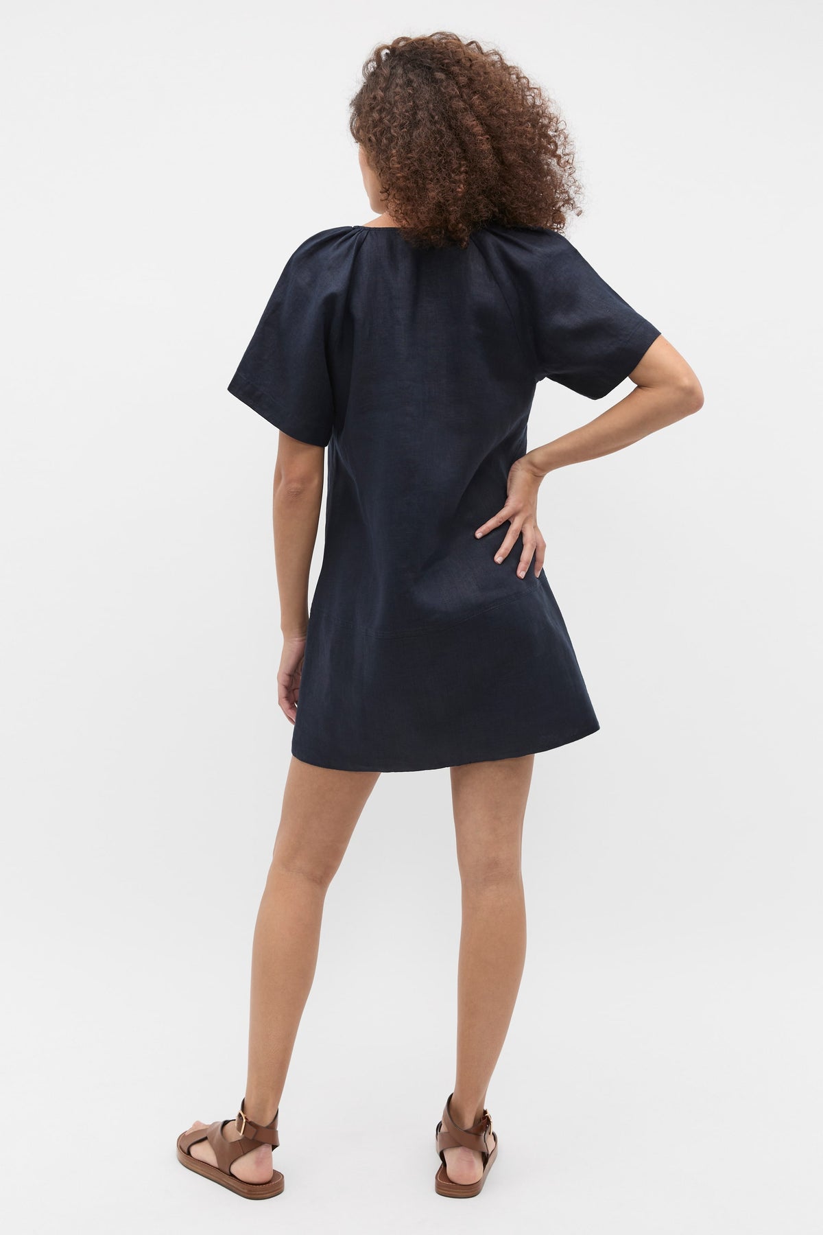 Linen V Neck Flutter Sleeve Mini Dress