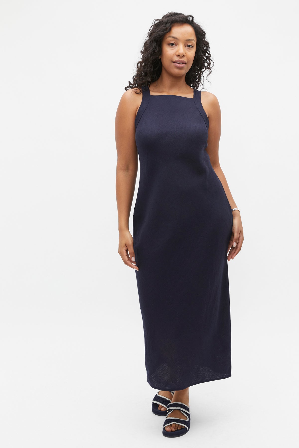 Linen Square Neck Bias Slip Dress