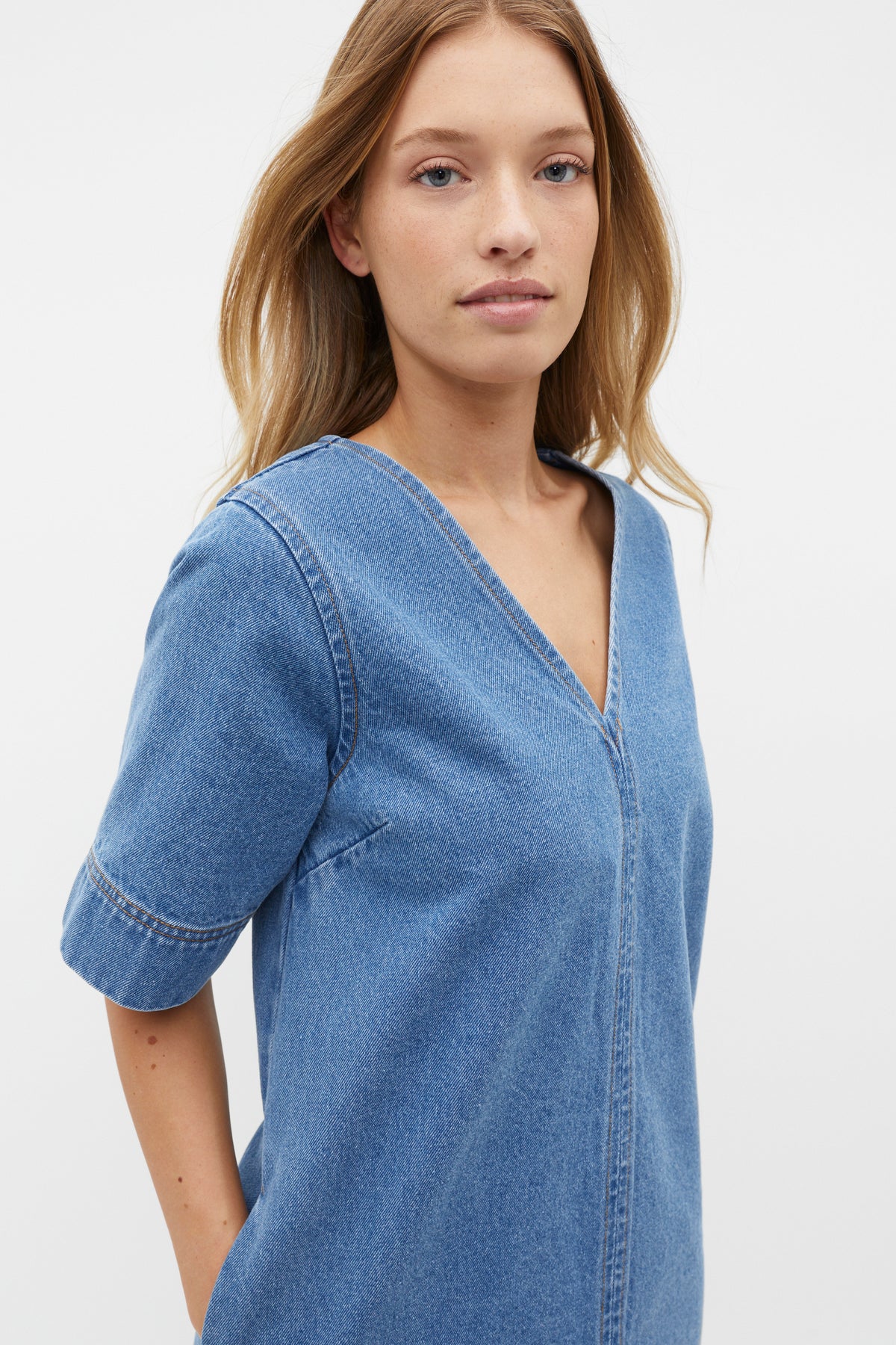 Denim V Neck Mini Dress