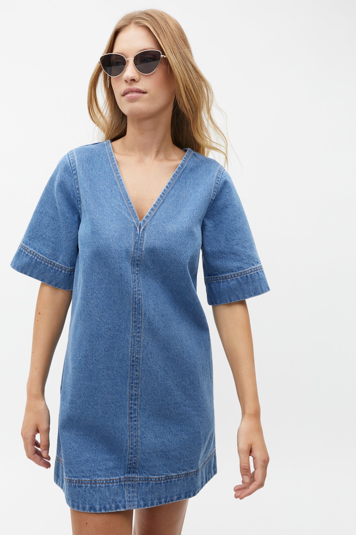 Denim V Neck Mini Dress