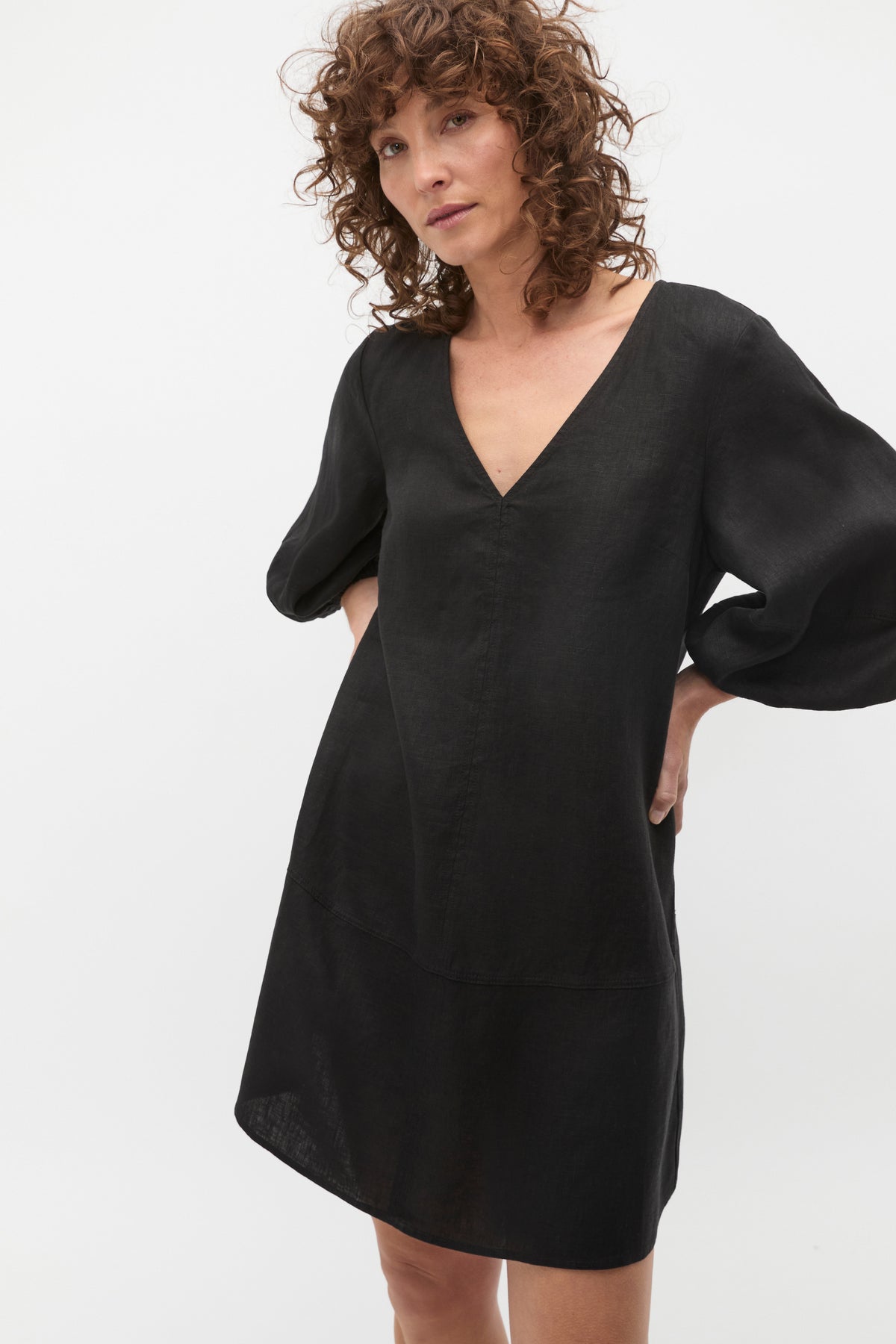 Linen V Neck Seam Detail Mini Dress