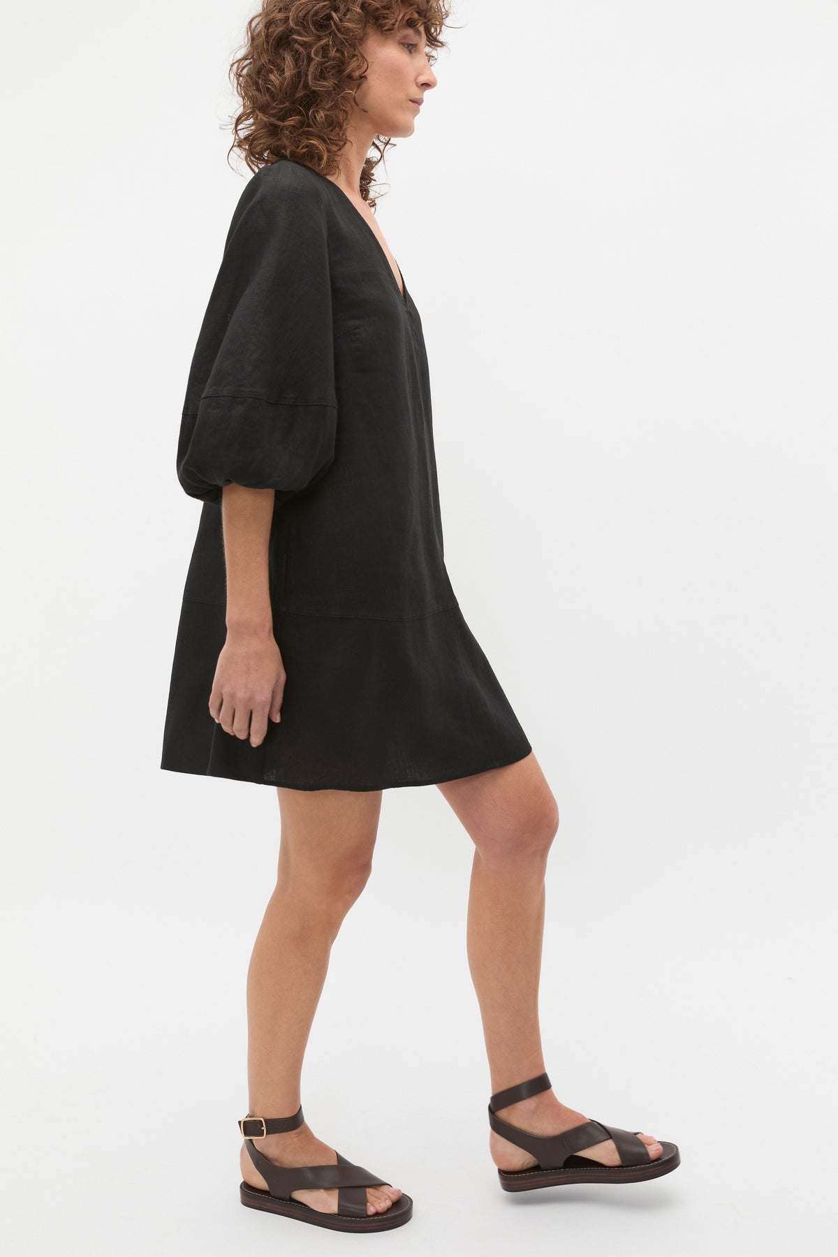 Linen V Neck Seam Detail Mini Dress