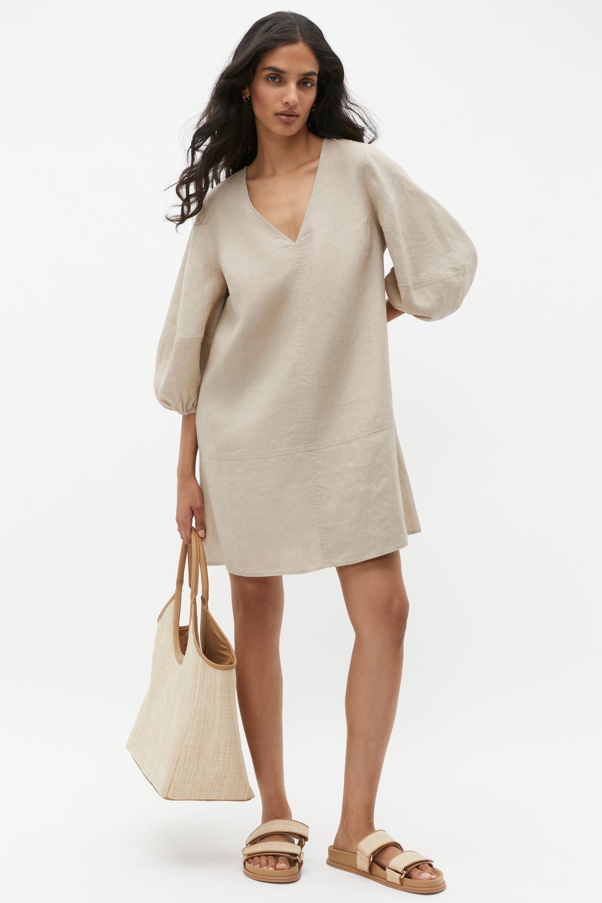 Linen V Neck Seam Detail Mini Dress