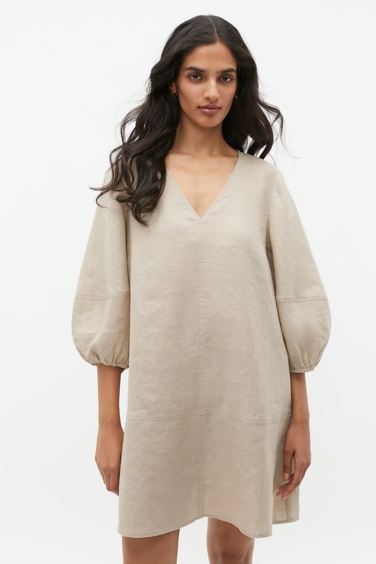 Linen V Neck Seam Detail Mini Dress