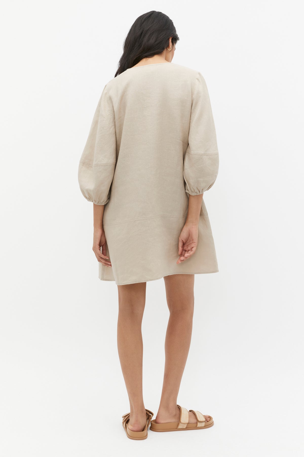 Linen V Neck Seam Detail Mini Dress