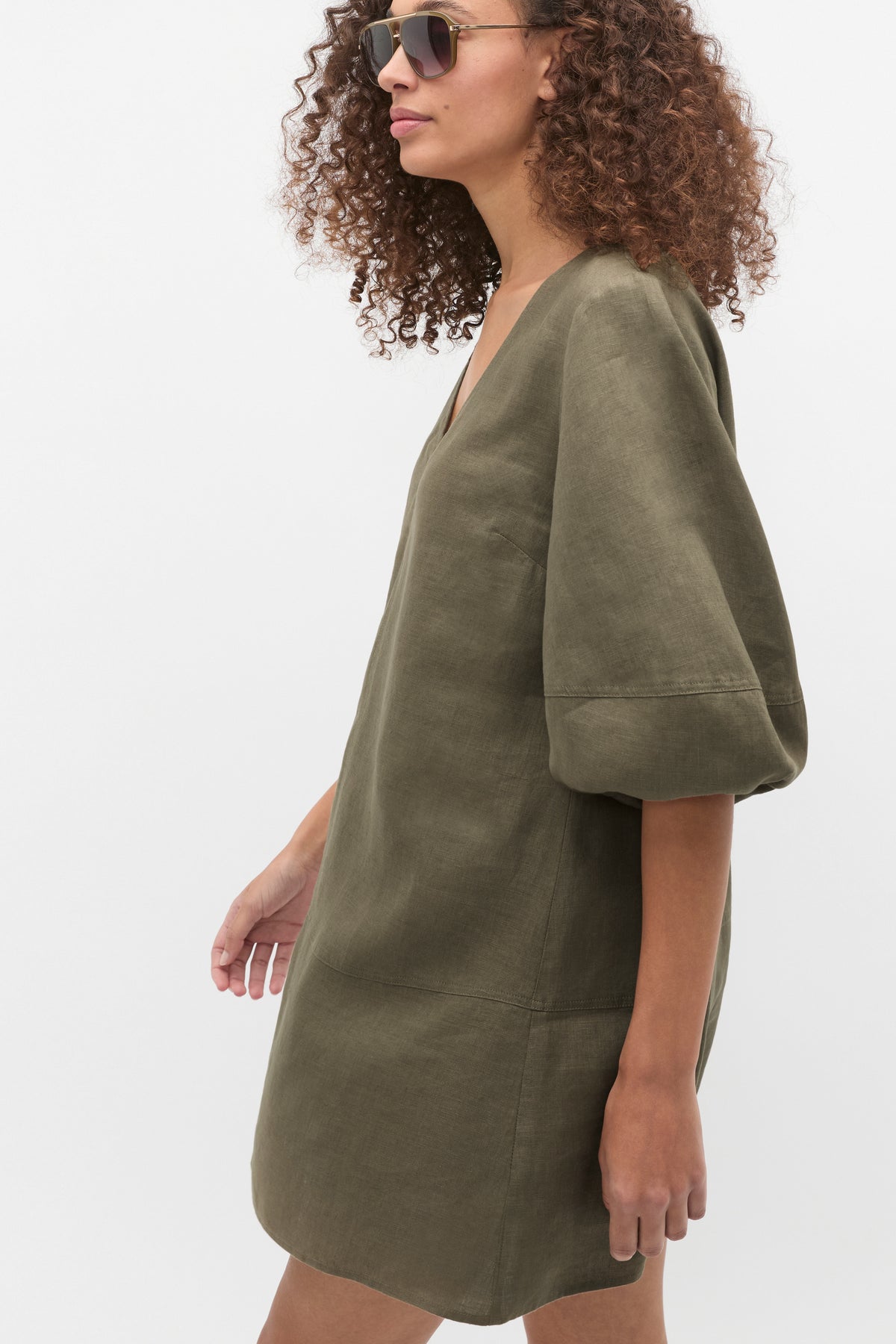 Linen V Neck Seam Detail Mini Dress