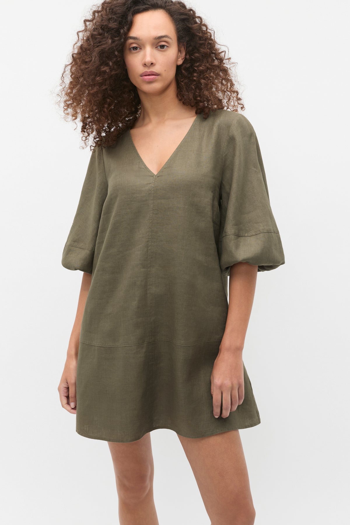 Linen V Neck Seam Detail Mini Dress