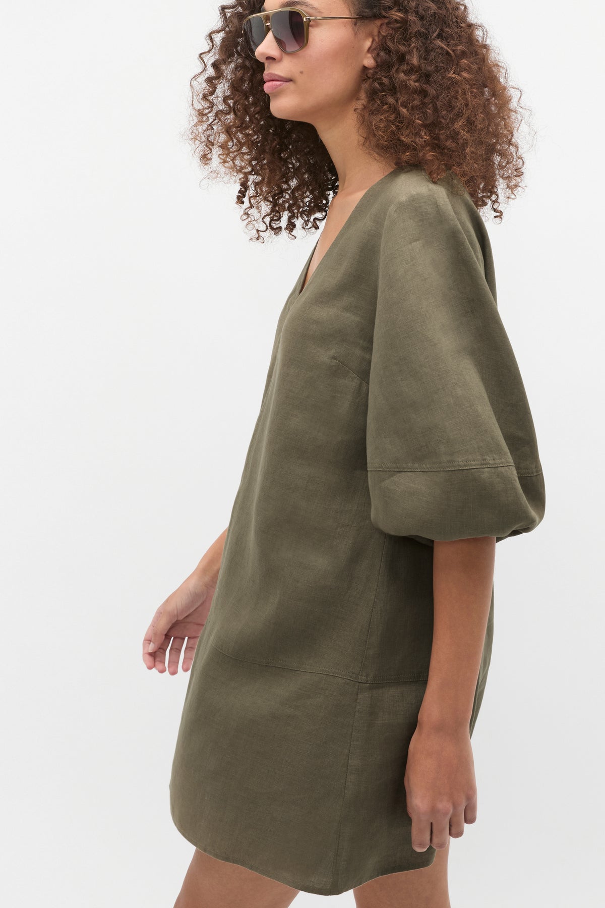 Linen V Neck Seam Detail Mini Dress
