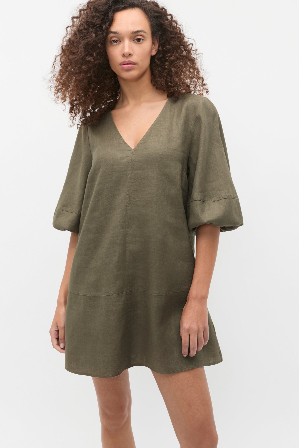 Linen V Neck Seam Detail Mini Dress
