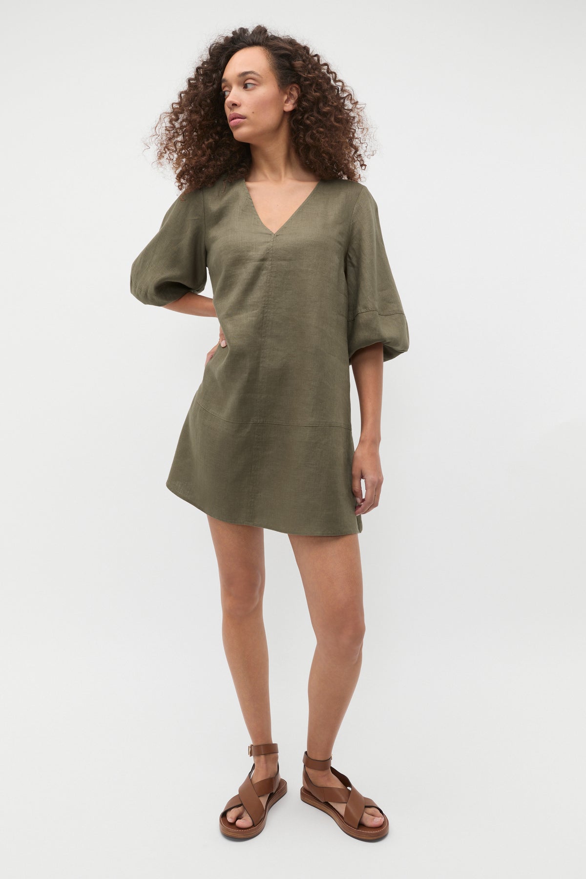 Linen V Neck Seam Detail Mini Dress