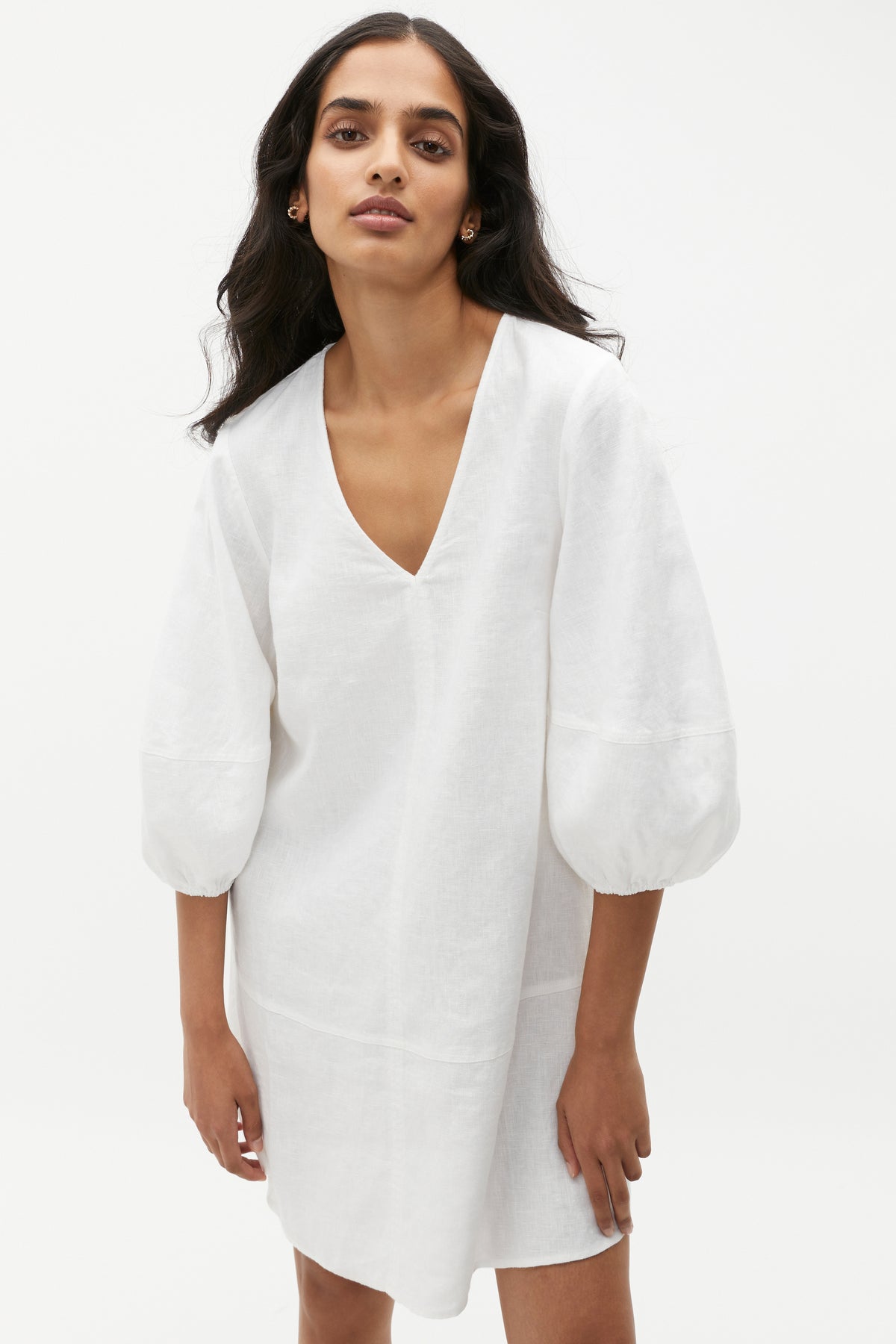 Linen V Neck Seam Detail Mini Dress