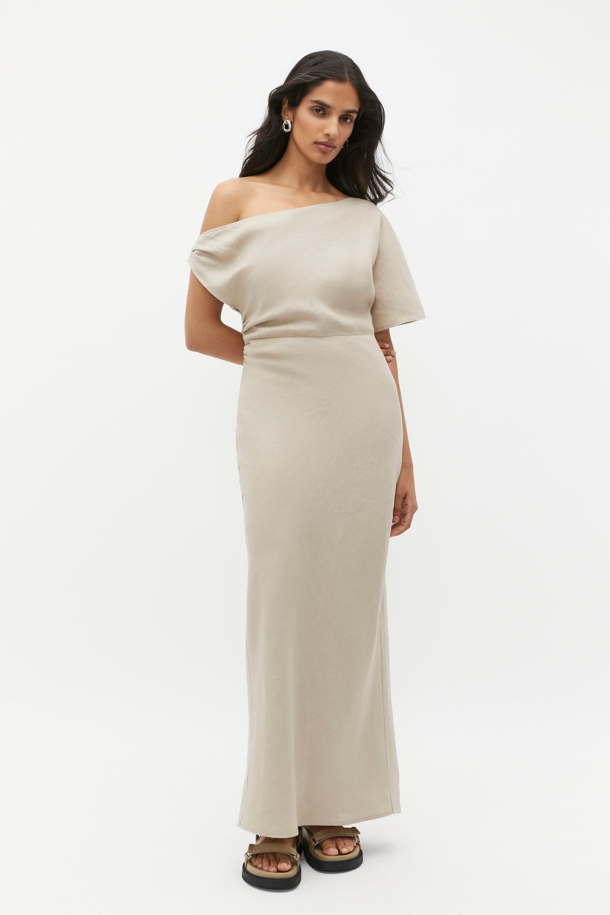 Linen Draped Shoulder Midi Dress
