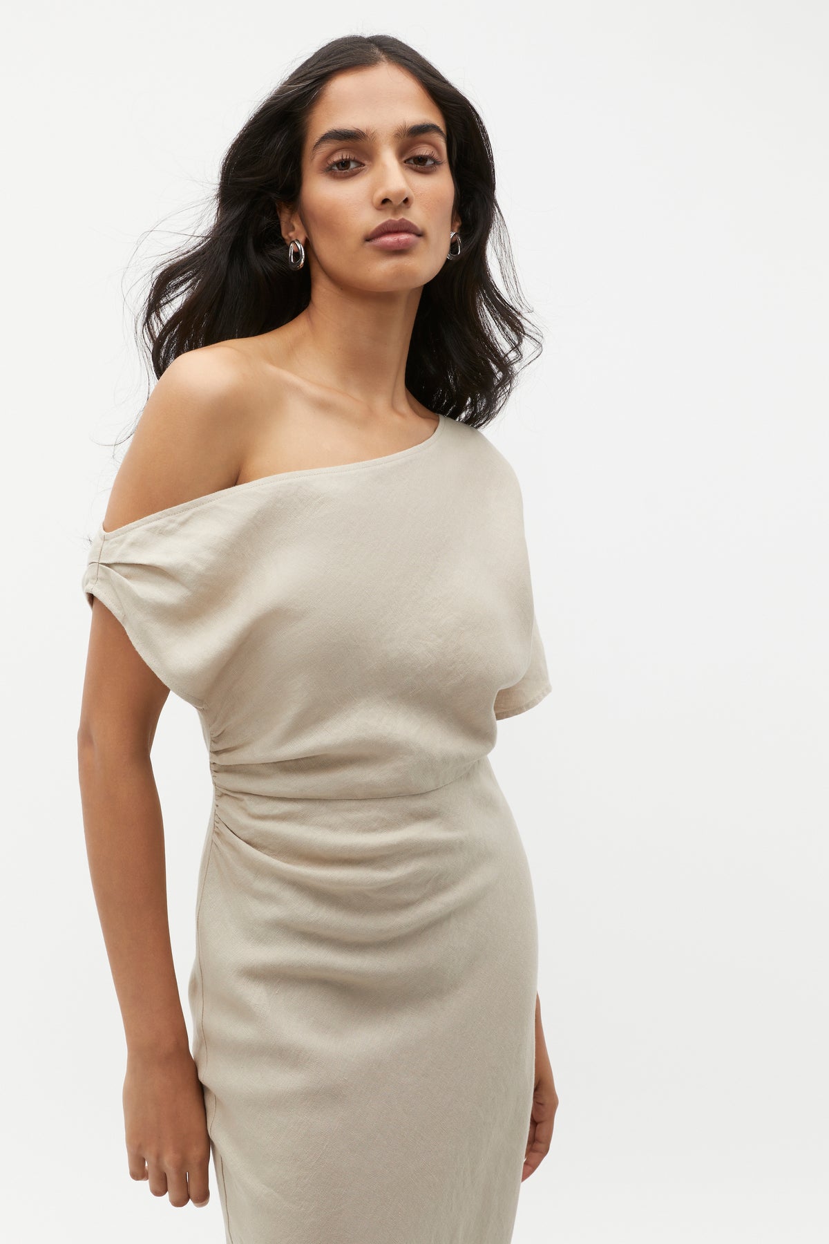 Linen Draped Shoulder Midi Dress