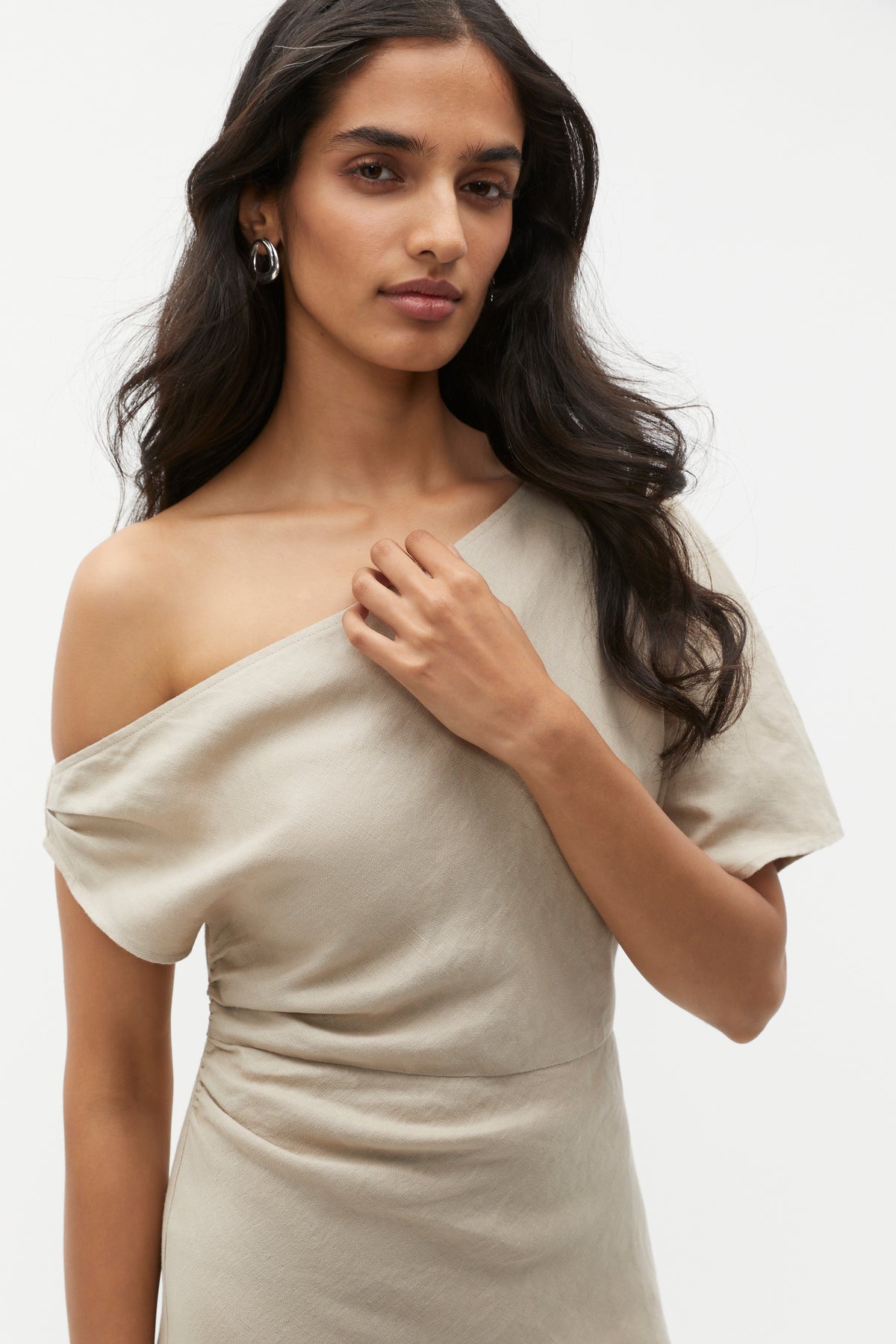 Linen Draped Shoulder Midi Dress