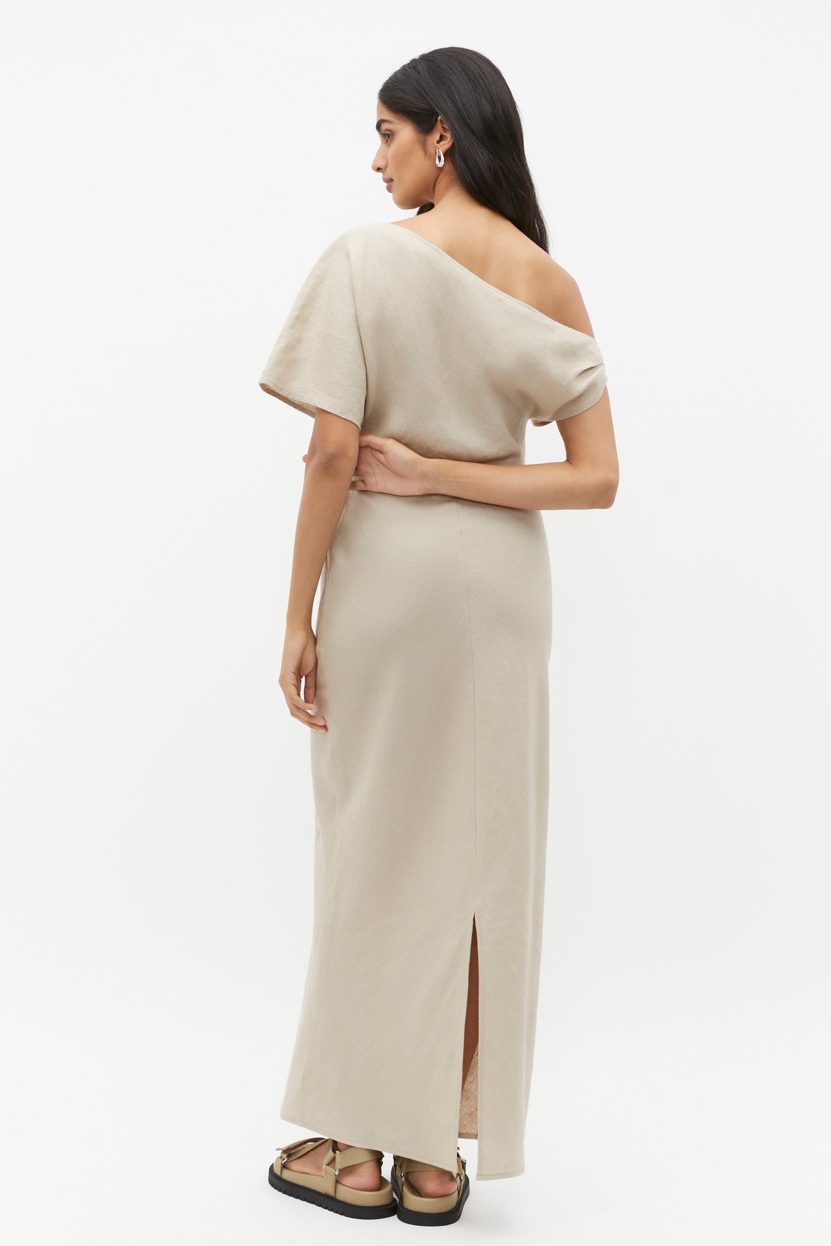 Linen Draped Shoulder Midi Dress